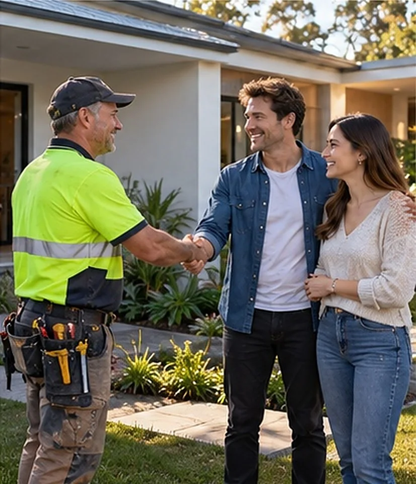 A builder shaking hands with a homeowner couple outside their finished home.