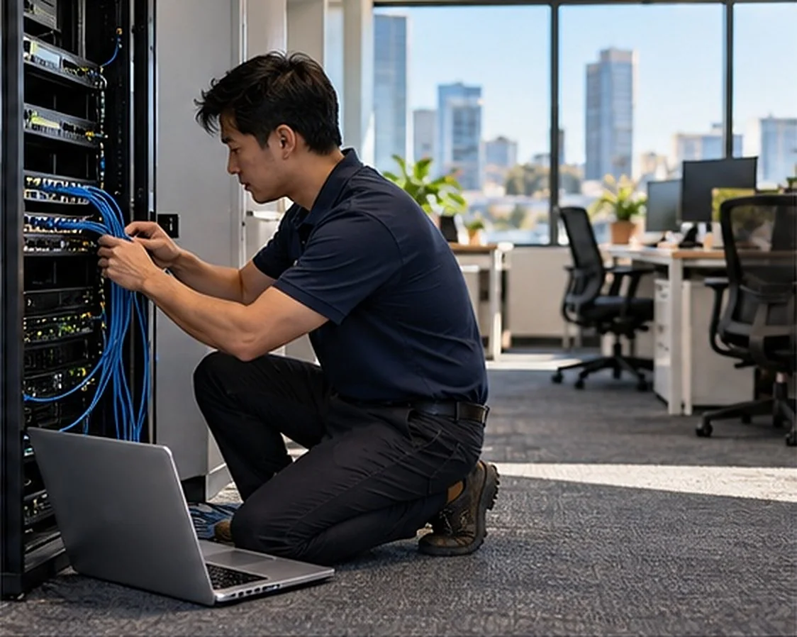 An IT technician cabling a server rack in a client’s office.