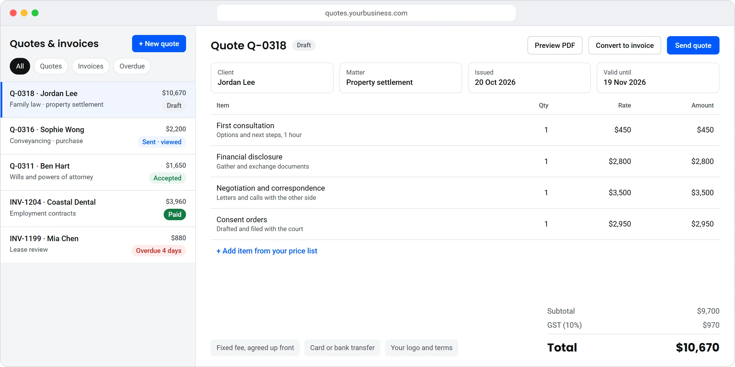 A quote and invoice web app for a law firm: quotes and invoices marked draft, sent, accepted, paid or overdue, and a fixed-fee quote for a family law property settlement with GST.