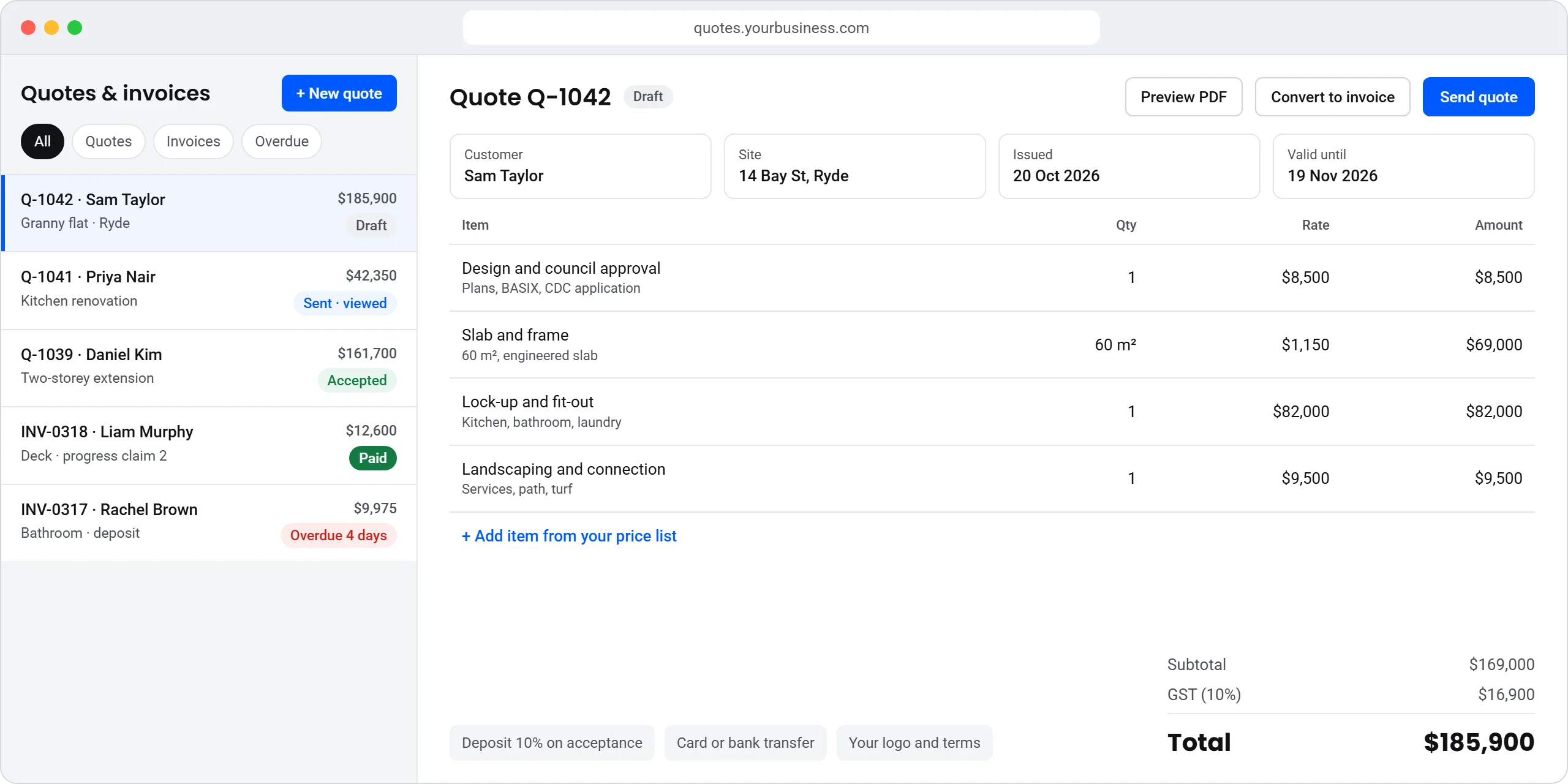 A quote and invoice web app: a list of quotes and invoices marked draft, sent, accepted, paid or overdue, and a granny flat quote with line items, GST and a Send quote button.
