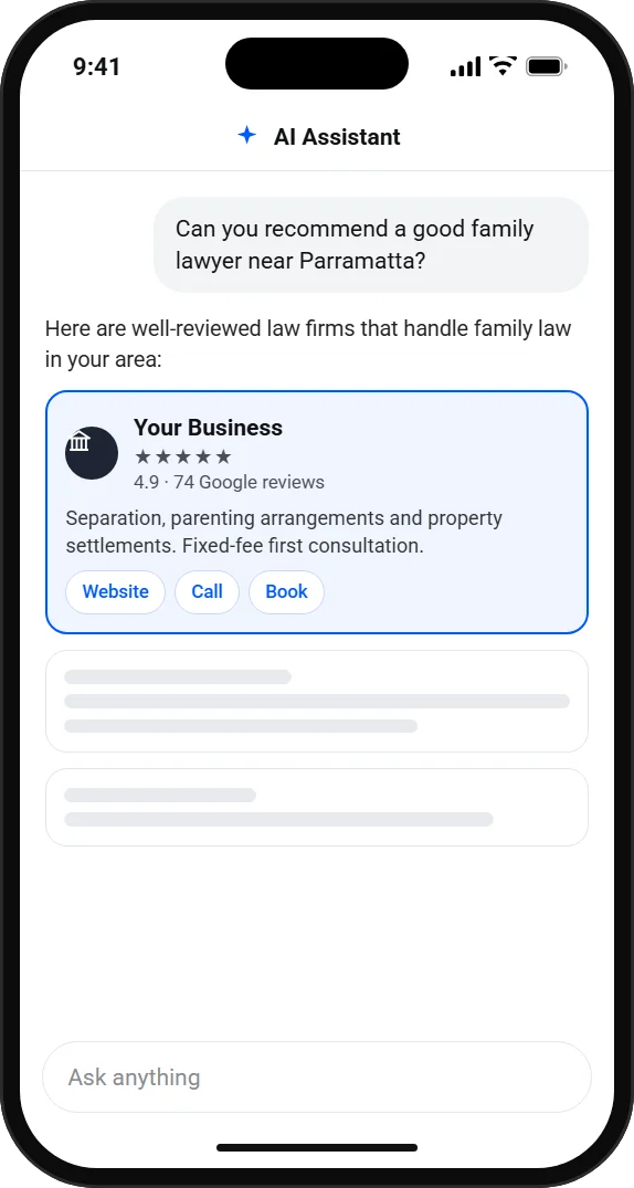 An AI assistant recommending Your Business as a family lawyer.