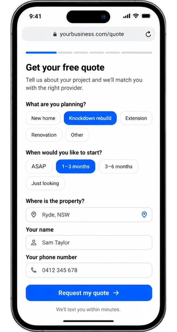 A short quote form asking what the customer is planning, when they want to start and where the property is.