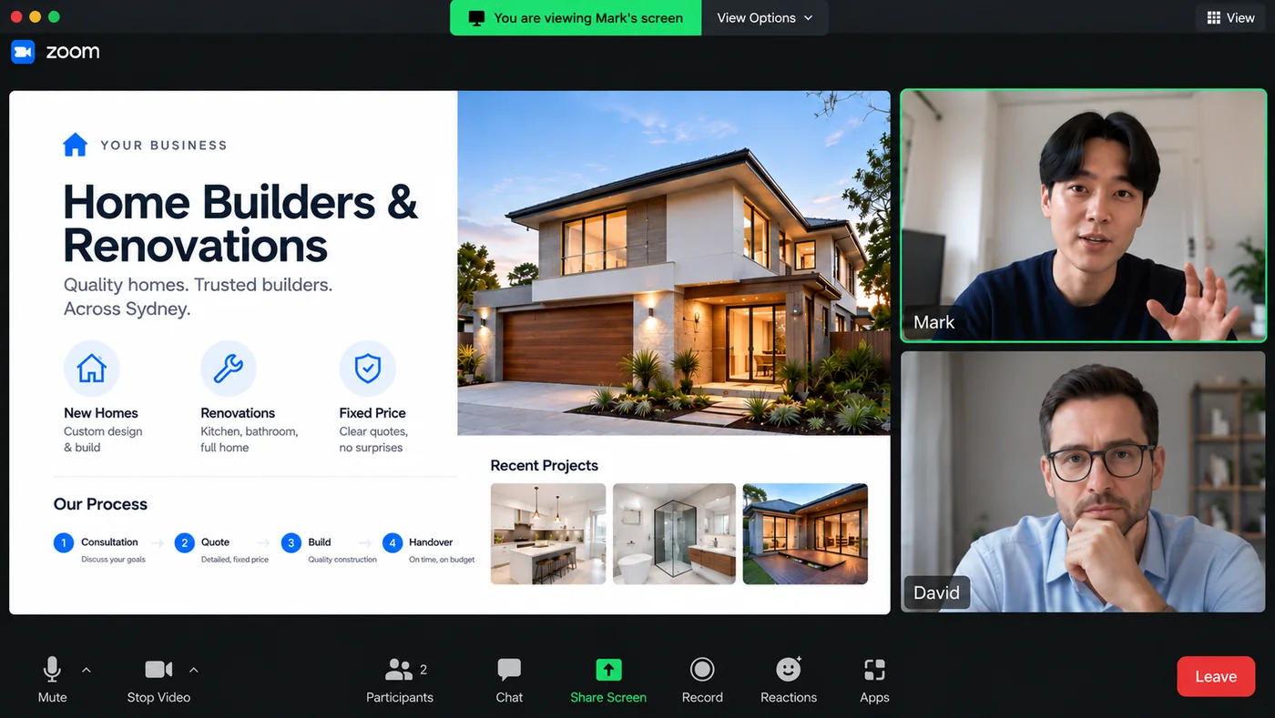 A Zoom call where Flickd shares a presentation for a home builder, with photos of a new home and recent projects, while two people talk on camera.